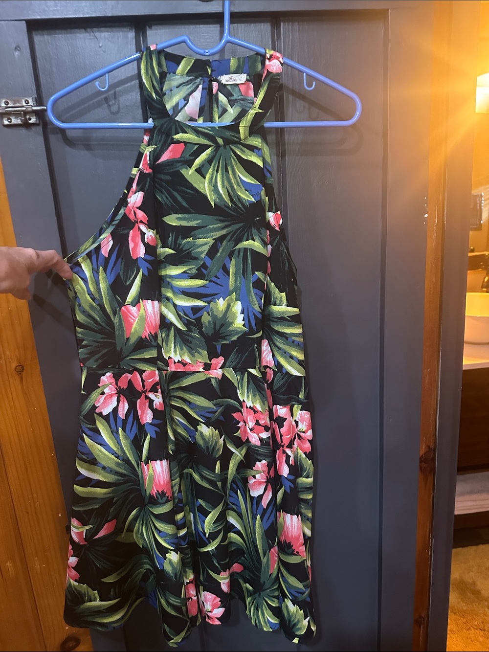 Hollister Black Floral Halter Dress with Pink and Green Print